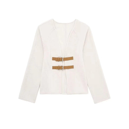 Women Fashion With Belt Woolen Jacket Coat V Neck Long Sleeve Female Outerwear Chic Tops.