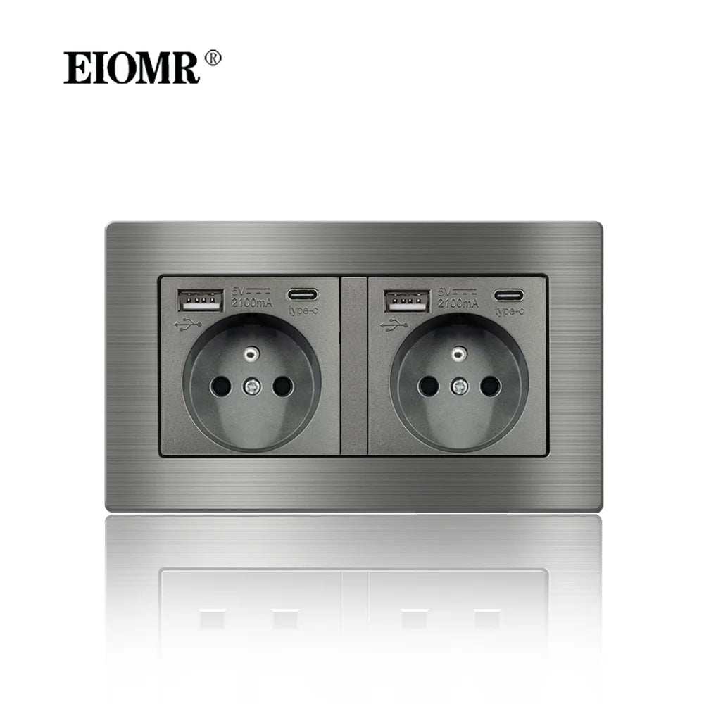 EIOMR Frankreich Standard-Steckdose, graue Aluminiumlegierung, Lichtschalter, RJ45, Fernseher, 220 V, 16 A, Wandsteckdosen für Haushaltsgeräte