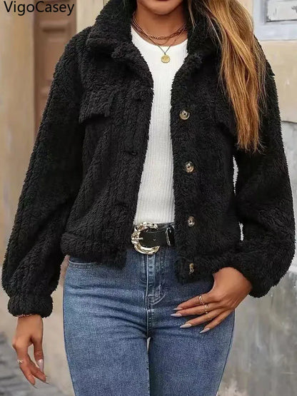 VigoCasey 2025, Herbst Winter Frauen Schwarze Jacke Einreiher Langarm Dicken Plüsch Warme Mantel Solide Dame Beiläufige Kurze Mantel.