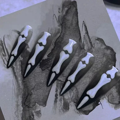 10pcs Halloween Goth Bone Press On Nail-Glossy Long Almond Shape False Nail Sweet and Cool Full Cover Design for Women and Girls.