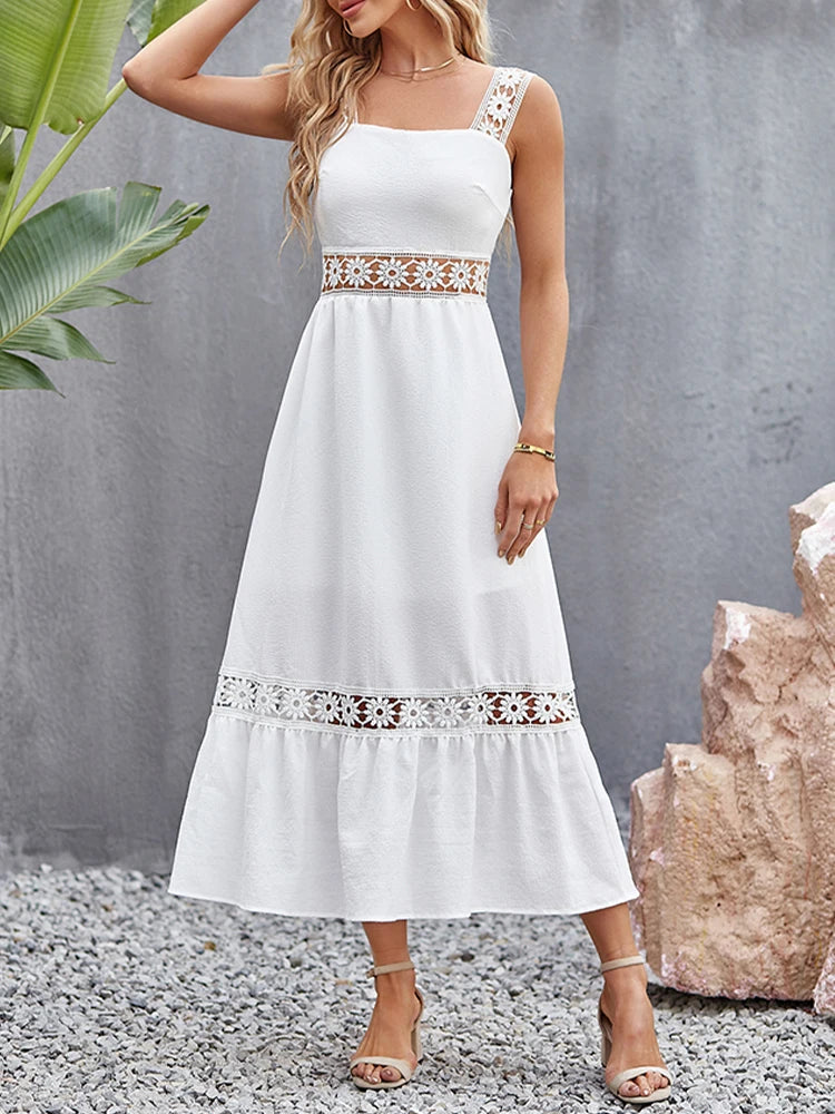 Weiße Lange Kleid Frauen Sommer Sexy Sleeveless Backless Maxi Kleider Damen Elegante Hohle Heraus Spitze Kleid Boho Sommerkleid Vestidos.