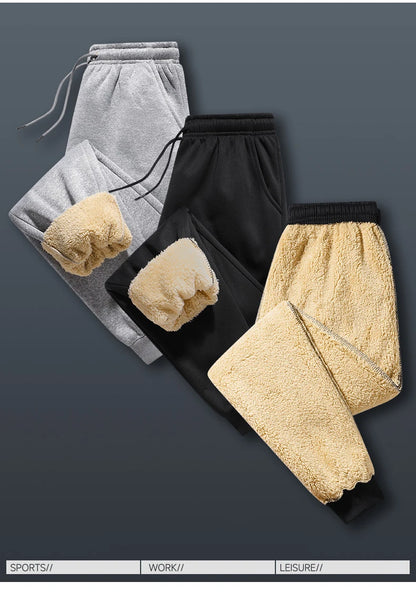 Pants for men in autumn and winter, thickened with fleece for outerwear, casual pants, warm lamb wool sports sweatpants.