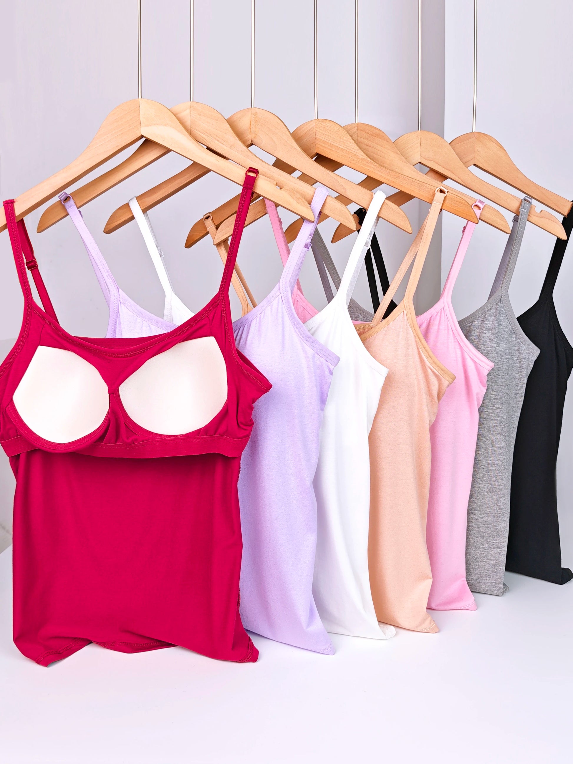Solid Color Sling Vest for Women with Built-in Bra Pads, Adjustable Shoulder Straps - Summer Inner Layer Top.