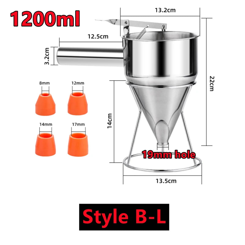 1200/600ml Stainless Steel Funnel Dispenser with Rack Cupcake Pancake Batter Maker Octopus Fish Ball Home Kitchen Baking Tools.