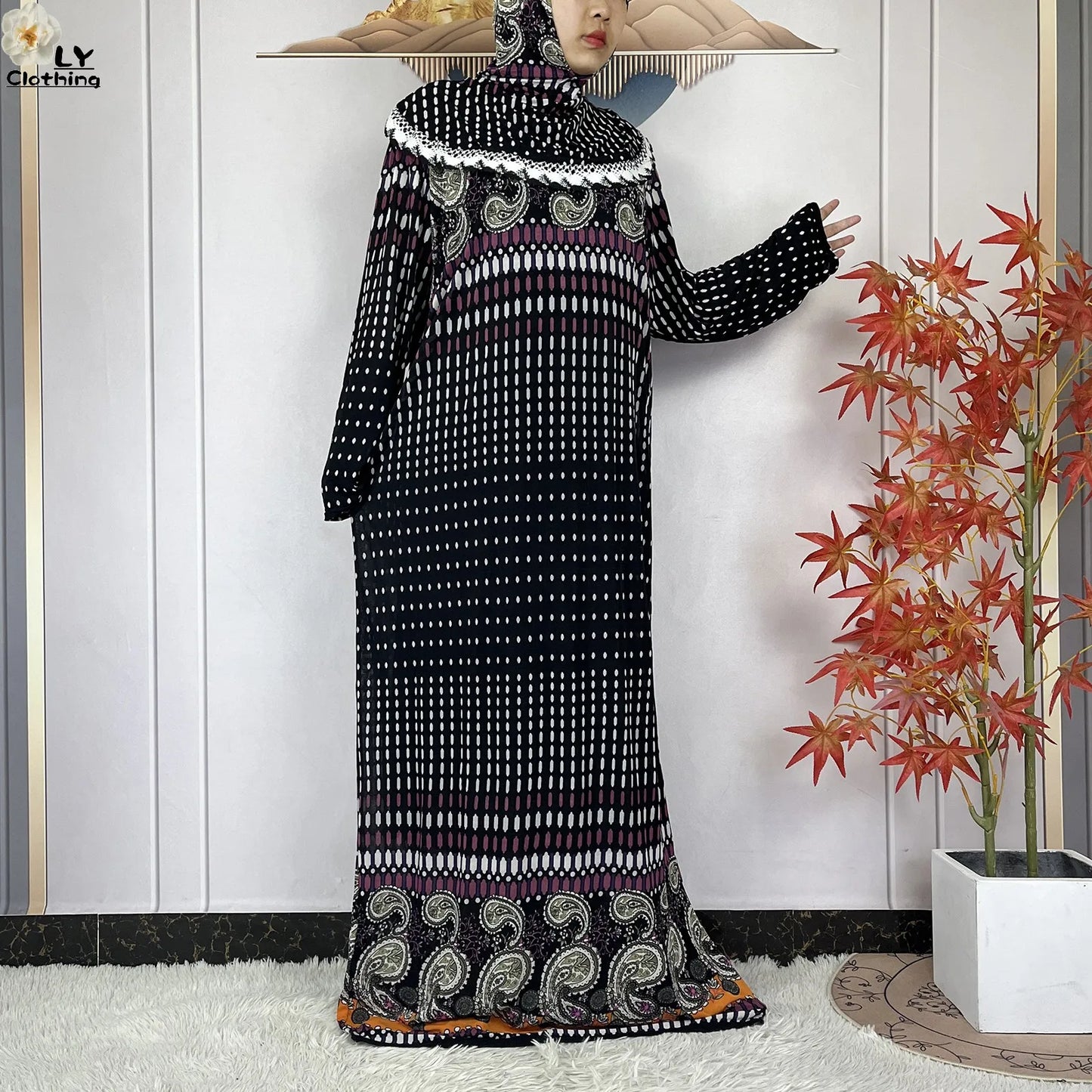 Muslim Ramadan Prayer For Women Long Sleeved Floral 2023Dubai Turkey Middle East Femme Loose Robe African Abayas Headscarf Dress