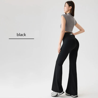 BIVIGAOS Naked Feeling Back Waist Pocket Sharkskin Micro Flared Leggings Women's Tight Sexy Sports Fitness Yoga Casual Pants