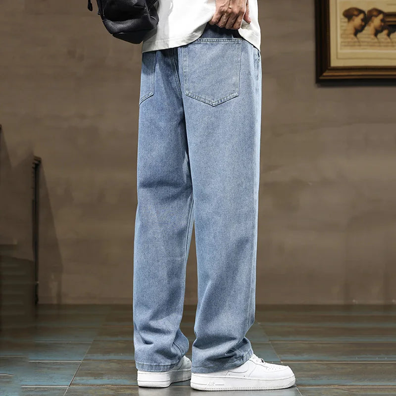 Men Straight Leg Blue Gray Loose Y2K Drawstring Jeans Streetwear Casual Wide Denim Pants Male Baggy Stylish Harajuku Trousers.