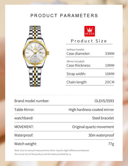 OLEVS 5593 Woman Watch Stainless Steel Waterproof Auto Date Elegant Ladies Wristwatch Luxury Original Quartz Watch for Women New.