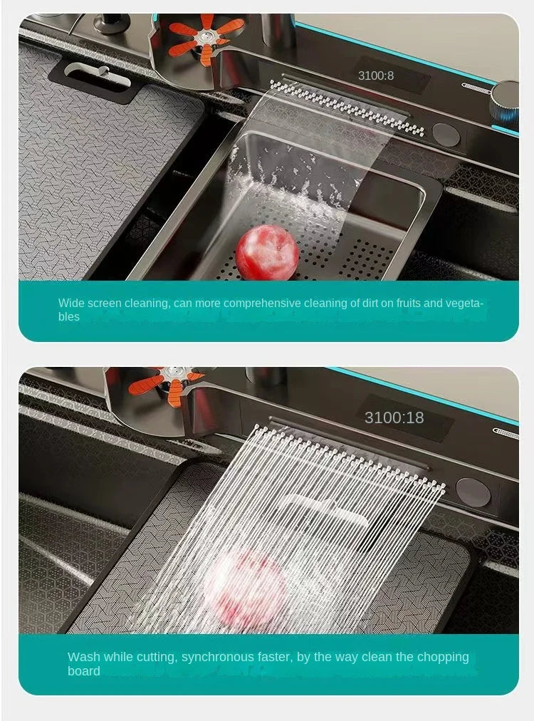 Digitalanzeige, Wasserfall, Einzelschlitz, Nano-Spüle aus Edelstahl 304, Geschirrspülen, Küche, multifunktionales Gemüsewaschbecken