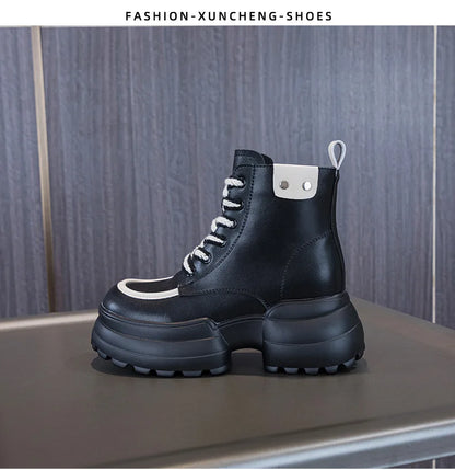 WOIZGIC Women Ladies Mother Genuine Leather Ankle Boots Shoes Lace Up Increase Inside British Style Autumn Winter Plush Fur Warm.