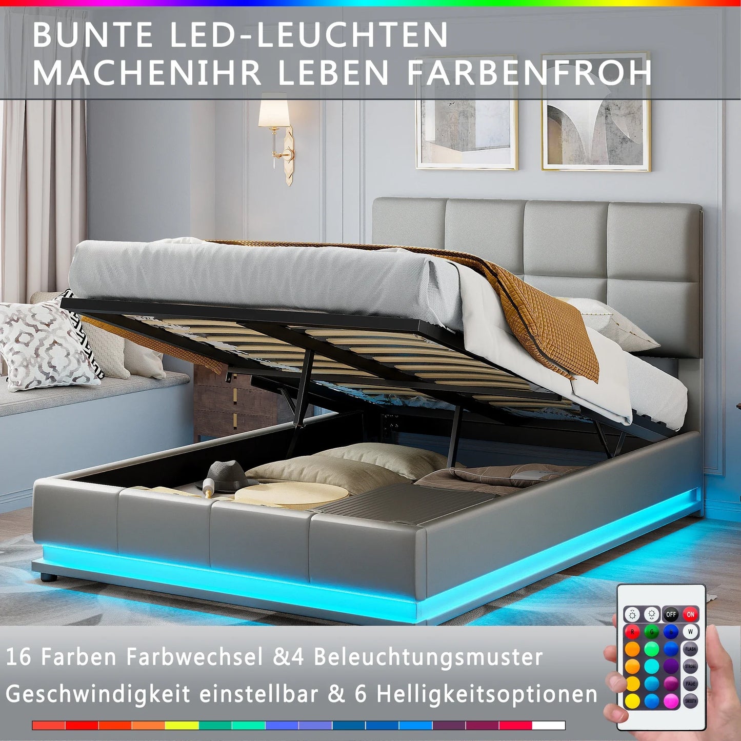 Anajqaqia Polsterbettgestell mit LED-Beleuchtung, 140 x 200 cm, mit hydraulischem Stauraum, Grau