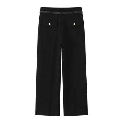 HH Women Solid Pant Set Long Sleeve O-Neck Double-Breasted Blazers+High Waist Chain Matching Side Zipper Trousers Sets.