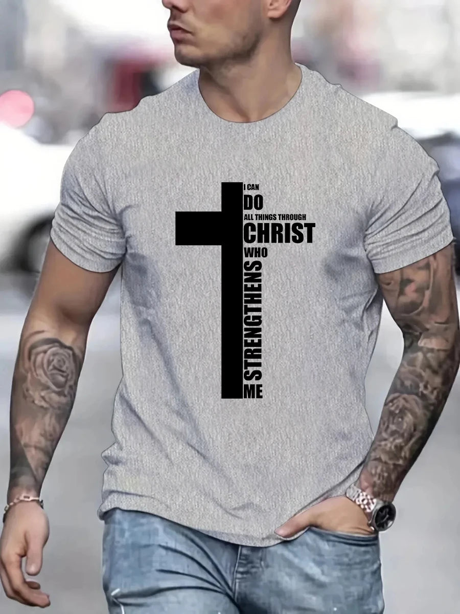 Men's Summer 100% Cotton Fashion Cross Graphic Printed Loose Large Casual Round Neck Short Sleeve T-shirt.