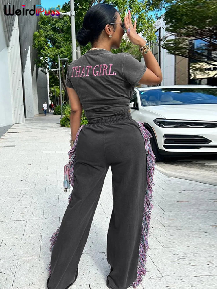 Weird Puss Casual Sporty 2 Piece Set Women Letter Embroidery Crop Tops+Side Tassel Straight Pants Matching Streetwear Tracksuits.