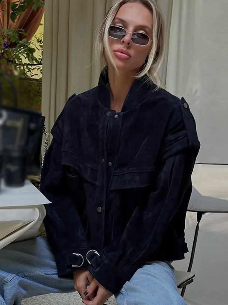 Wildleder Fleece Taschen Damen Jacken Mode Einreiher Langarm Mäntel Lose Gerade Kurze Tops Herbst Warme Kleidung.