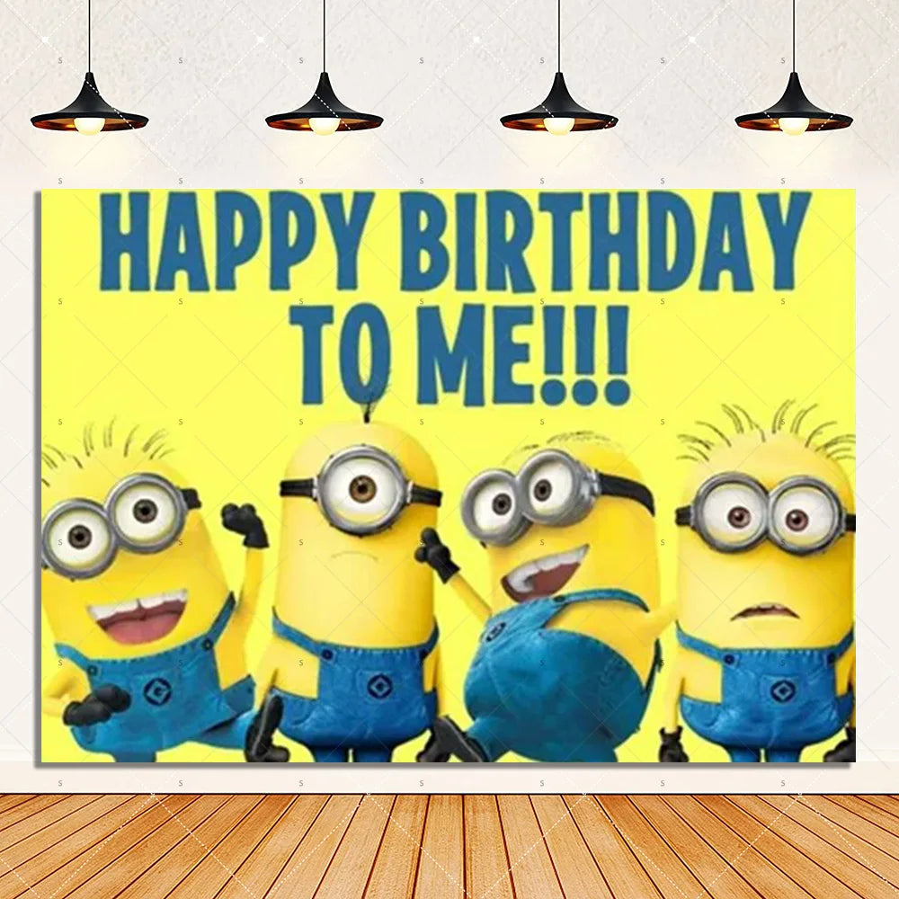 Cartoon M & Minions Geburtstag Party Dekoration Einweg Geschirr Tasse Teller Tischdecke Luftballons Gelb Große Augen Hintergrund Banner.
