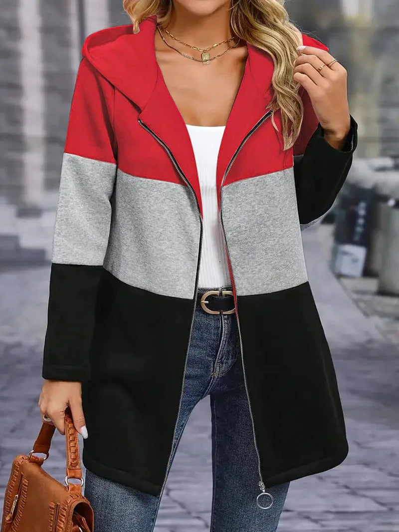 Frauen Casual Jacke Kosten Frühling Mode Lose Kontrast Farbe Drei Farbe Spleißen Kapuze Jacke Zipper Tops Frauen Kleidung.