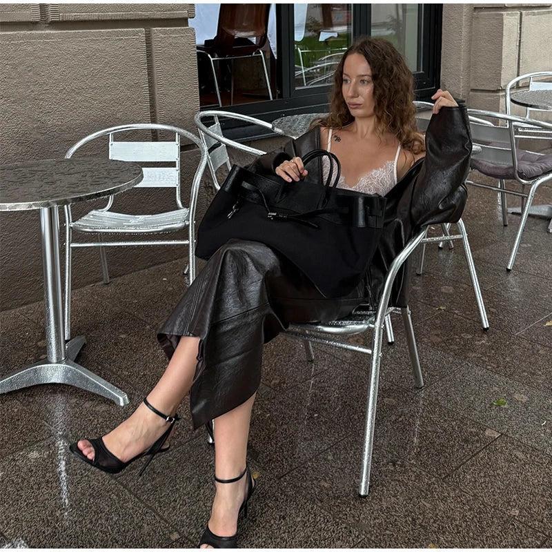 Stylish Leather Solid Jacket Pants Set Women Stand Collar Zipper Coat Loose Trousers Sets Female 2025 Autumn Fashion Streetwears