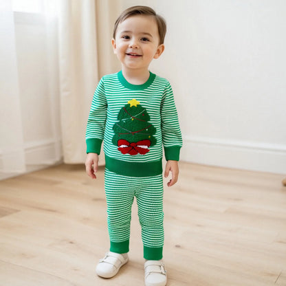 Weihnachts-Baby-Kleidung aus Baumwolle, 2-teiliges Set, 0–3 Jahre, gestreiftes Sweatshirt und Hose für Kleinkinder mit besticktem Weihnachtsbaum-Outfit.