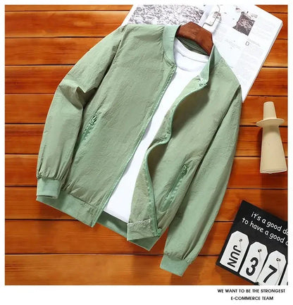 2024 Summer New Thin Style Round Neck Long Sleeve Screw Thread Zipper Jacket Man Solid Color Pockets Casual Sunscreen Clothing.