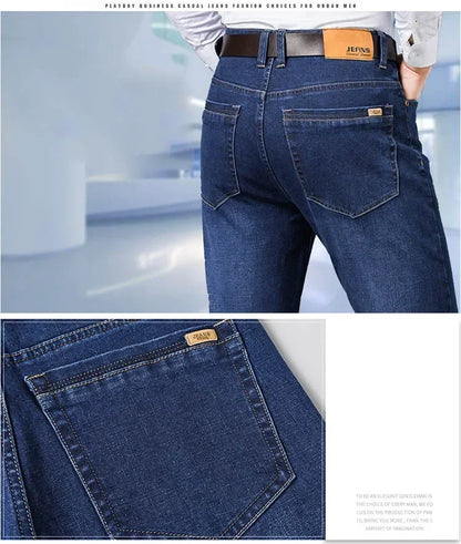 Baggy Jeans Men Large Size 2025 New Business Casual Stretch Trousers Classic Blue Denim Pants Male Men's Loose Straight Jeans.