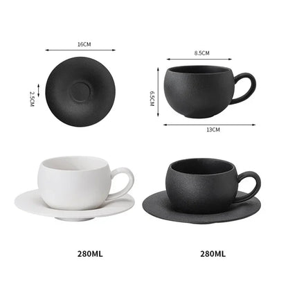 110/280ml Japanese-style Ceramic Mug Black White Fired Stone Coffee Cup and Saucer Set Breakfast Milk Coffee Cup Egg-shaped Mug.