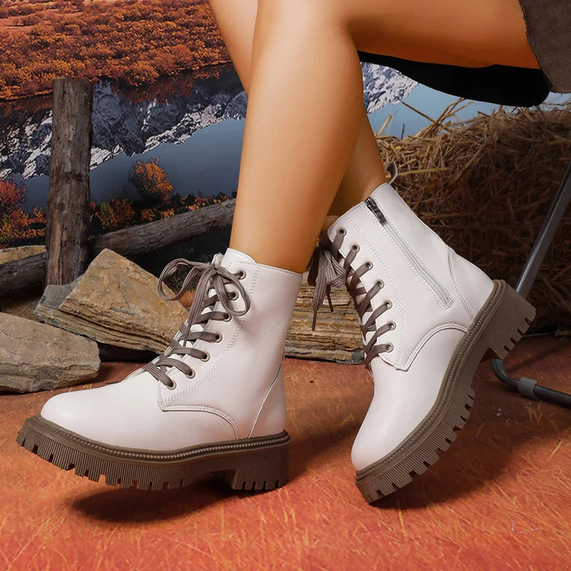 Autumn Winter Short Plush Ankle Boots Women Fashion Lace Up Pu Leather Platform Boots Woman Thick Sole Motorcycle Botas Mujer 42.