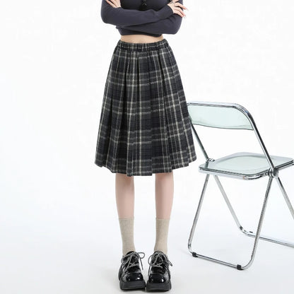 Preppy Style Woolen Pleated Plaid Skirt Women Fall Winter Retro Elastic High Waist Skirts Female Japanese A Line Faldas 2025 New.