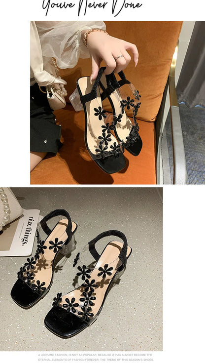 Women;s Sandals Pvc Crystal Flower Shoes for Women Decoration Chunky Heel Sandals Ladies Back Strap Fashion Shoes Female2024