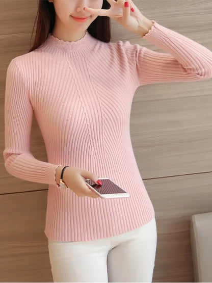 2025 herbst Frauen Mock Neck Rüschen Pullover Langarm Gestrickte Bodenbildung Solide Pullover Streifen Frauen Casual Pullover Winter.
