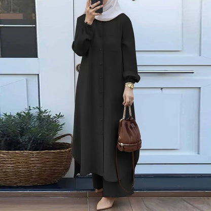 Mandylandy Muslim Robe Long Shirts Women Islamic Clothing Arabian 2 Piece Set Outfits Long-sleeve Shirt and Trousers Sets.