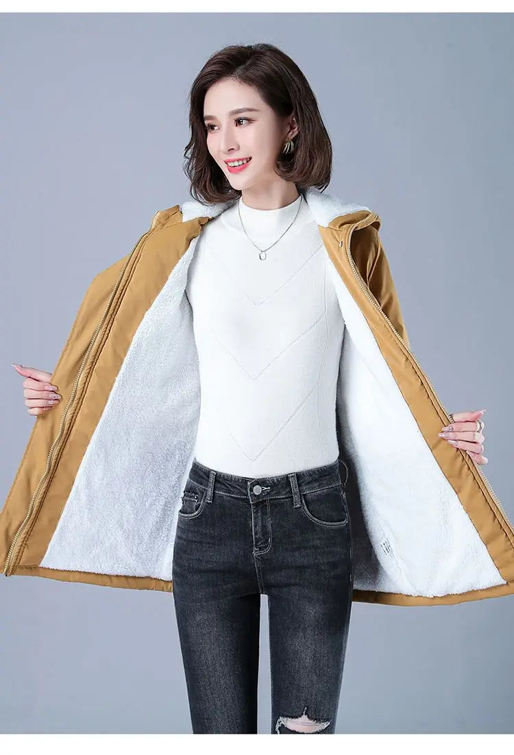 Fleece-gefütterte Kapuze, Daunenjacke, Wintermantel für Damen, warme, mit Kordelzug gepolsterte Parkas, mittellanger Mantel, Streetwear, gepolsterte Kleidung.