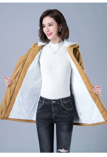 Fleece-gefütterte Kapuze, Daunenjacke, Wintermantel für Damen, warme, mit Kordelzug gepolsterte Parkas, mittellanger Mantel, Streetwear, gepolsterte Kleidung.