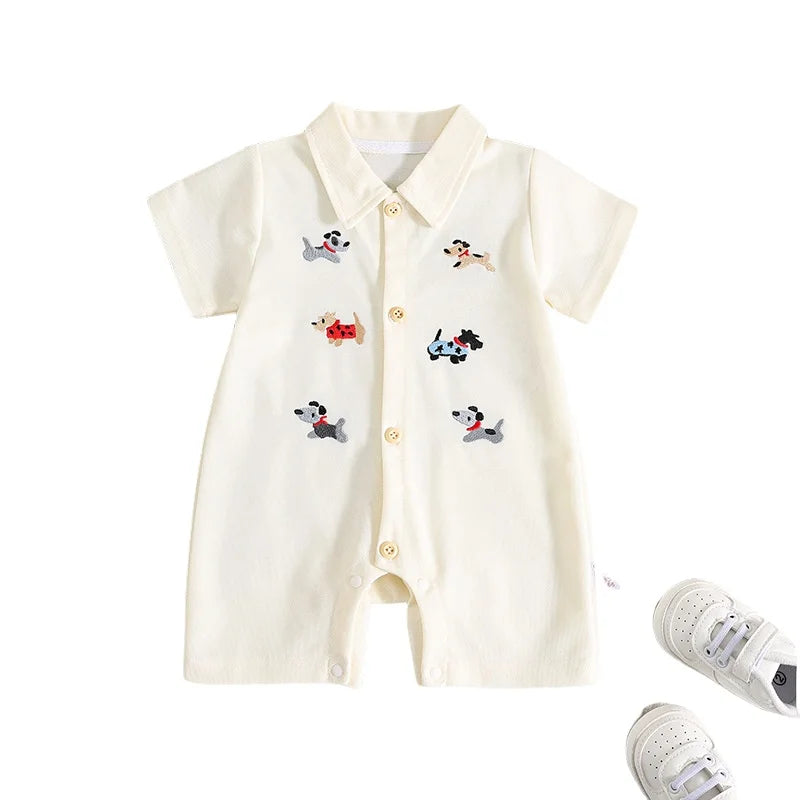 Baby Sommer Kleidung 0-2T Cartoon Hunde Stickerei Kurzarm Romper Infant Jungen Revers Shorts Ein Stück Kleinkind outfit.