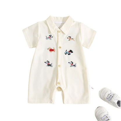 Baby Sommer Kleidung 0-2T Cartoon Hunde Stickerei Kurzarm Romper Infant Jungen Revers Shorts Ein Stück Kleinkind outfit.