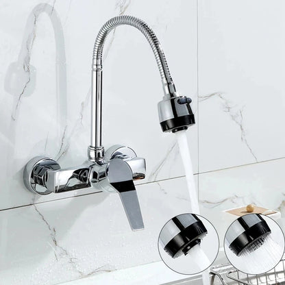 Chrome/black wall-mounted swivel, two-way spout, water stream sprayer, hot and cold water flexible hose kitchen mixer tap