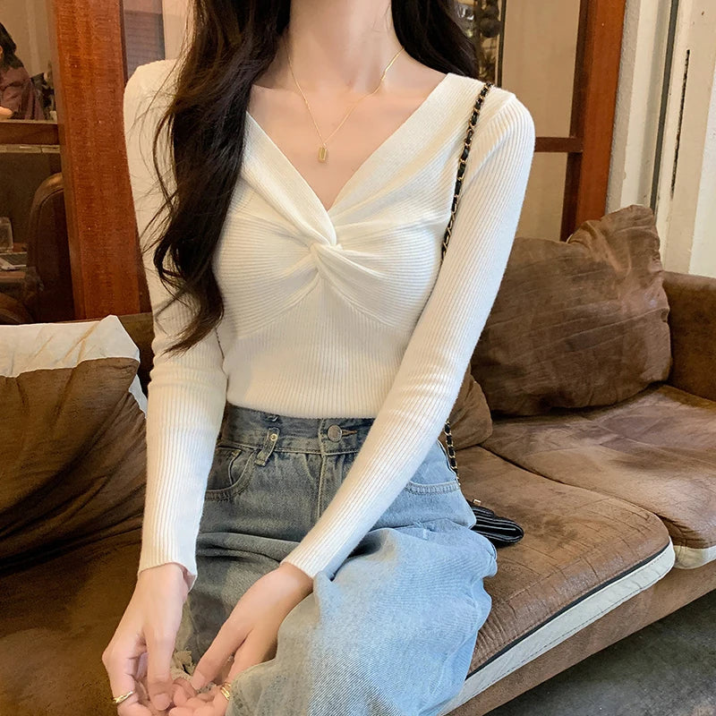 Herbst Winter Dünne Gestrickte Hemd Frauen Pullover Pullover Tops Weibliche Lange Hülse Elastische V-ausschnitt Dünne Pullover Stricken Shirts.