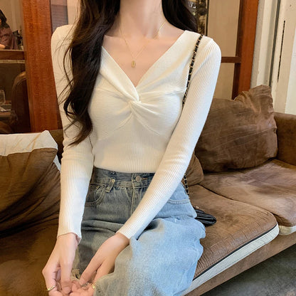 Herbst Winter Dünne Gestrickte Hemd Frauen Pullover Pullover Tops Weibliche Lange Hülse Elastische V-ausschnitt Dünne Pullover Stricken Shirts.