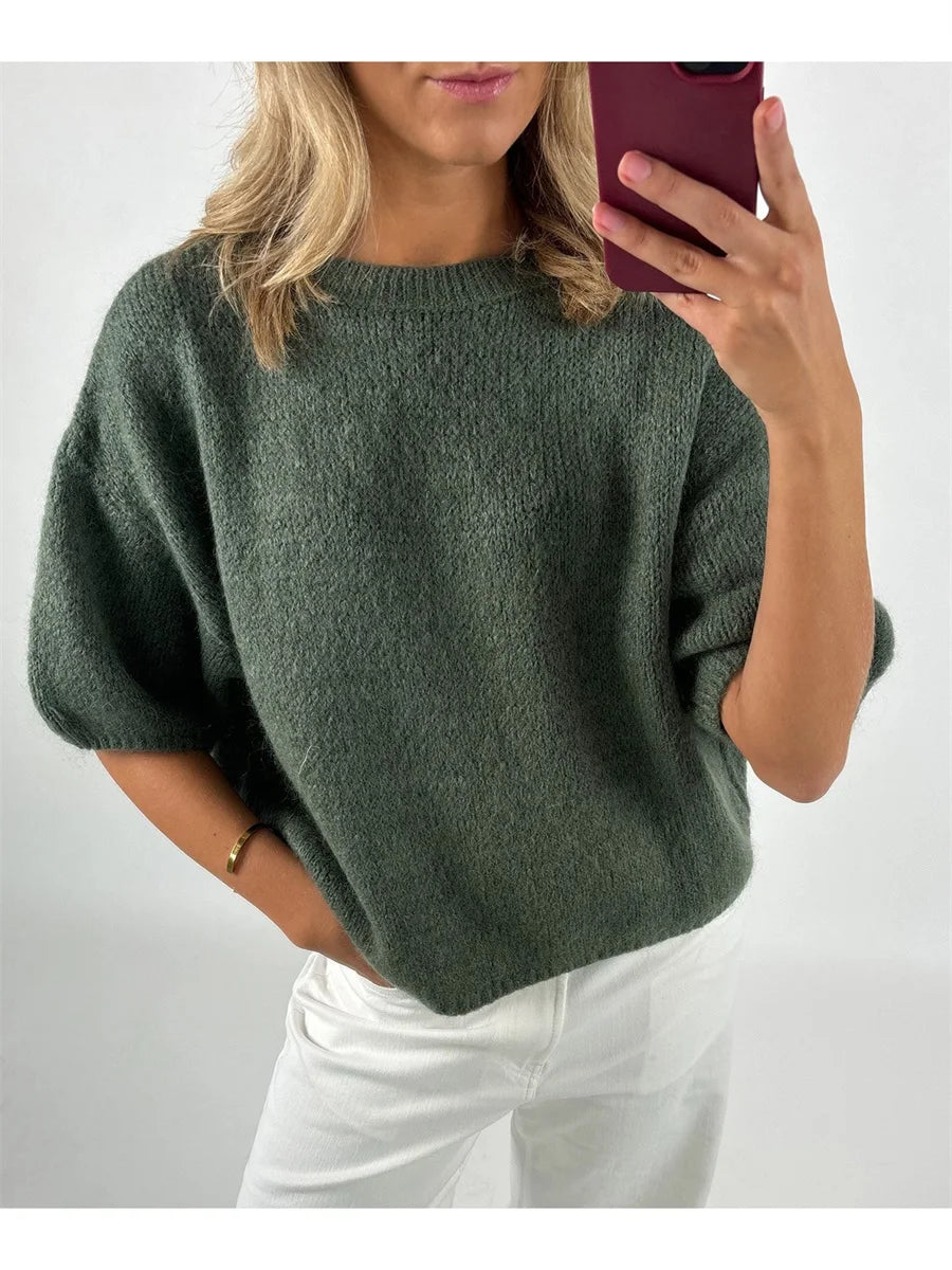 Damen Frühling Herbst Strickpullover Halbarm O Hals Einfarbig Lässige Strickwaren.