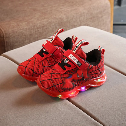 Disney LED Casual Sneakers Red Black For Spring Boys Spider-man Mesh Outdoor Shoes Children Lighted Non-slip Shoes Size 21-30.