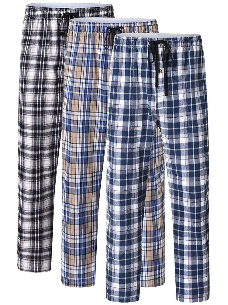3Pcs Men's 100% Cotton Plaid Pajama Sleeping Pants, Long Plaid Print Sleepwear Pajama Pants with Elastic Waist Homewear.