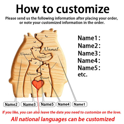 Art Wooden Bear Family Puzzle Personalized Name Custom Home Decor Thanksgiving Christmas Heartwarming Gift for Baby Mom.