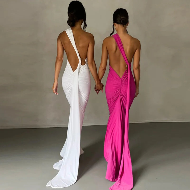 Mozision Schräge Schulter Backless Maxi Kleid Für Frauen Kleid Sommer Zurück Strap Ärmellose Geraffte Party Sexy Langes Kleid Vestidos.