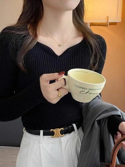 2025 grundlegende V-ausschnitt Chic Herbst Winter Pullover Frauen Weibliche Gestrickte Rippen Pullover Dünne Lange Hülse Badycon Hohe Qualität Pullover