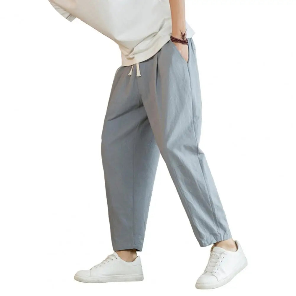 Men Cropped Trousers Men Casual Pants Men's Loose Straight Drawstring Ninth Pants with Elastic Waist Pockets Solid for Daily.