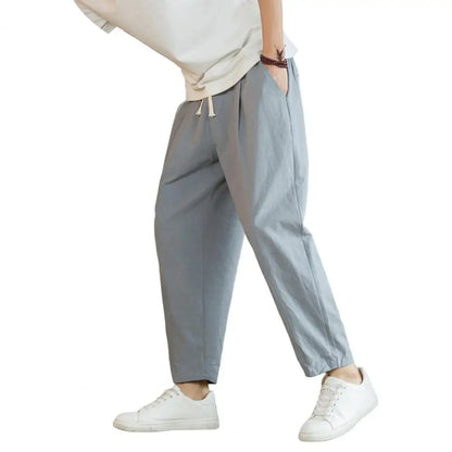 Men Cropped Trousers Men Casual Pants Men's Loose Straight Drawstring Ninth Pants with Elastic Waist Pockets Solid for Daily.