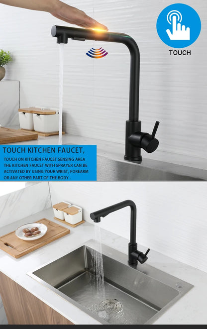 7 Word Touch on Kitchen Sink Faucets Stainless Steel Hot Cold Pull Out Kitchen Mixer Tap Brushed Nickel Touch Kitchen Faucet