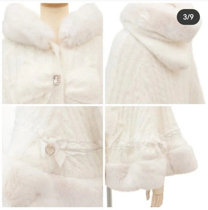 Japanische Liz Süße Prinzessin Faux Kaninchen Fell Cape Mantel Frauen Herbst Winter Pelz Jacke Lose Uhr Strass Bogen Mit Kapuze Mantel