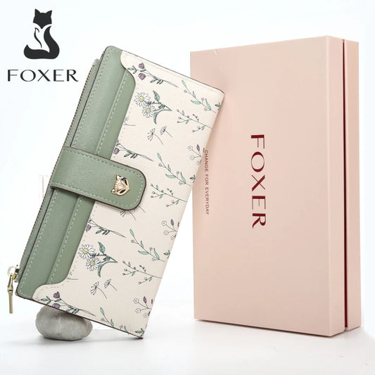 FOXER New Women's Long Wallet Fashion Multi-card Clutch Slot Card Holder Signature Versatile PU Floral Wallet Zipper Coin Purse.
