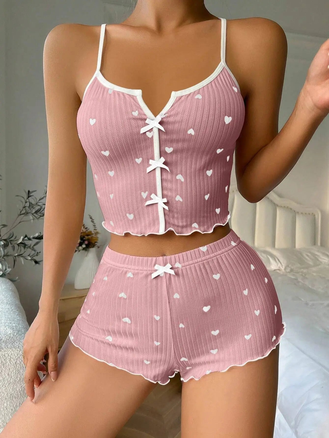 Sexy Nachtwäsche Frauen Pyjamas Set Herz Druck Seide Fleck V-ausschnitt Ärmellose Casual Cami Top und Shorts Sets Hause Anzug Loungewear.